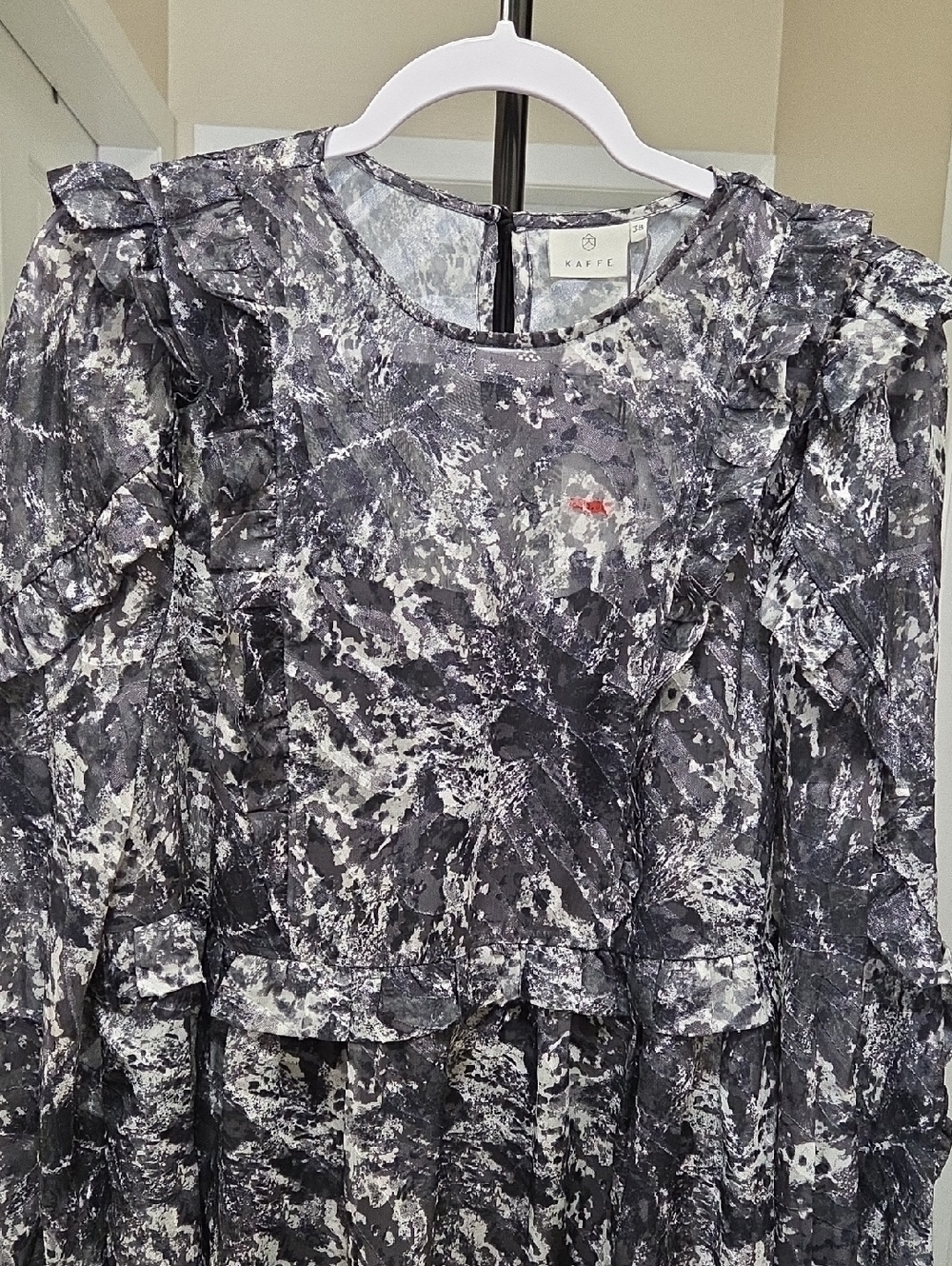 NWT Kaffe Black & White Marble Print Mesh Ruffle Dress 2-In-1 Sheer Sleeve - Picture 5 of 13